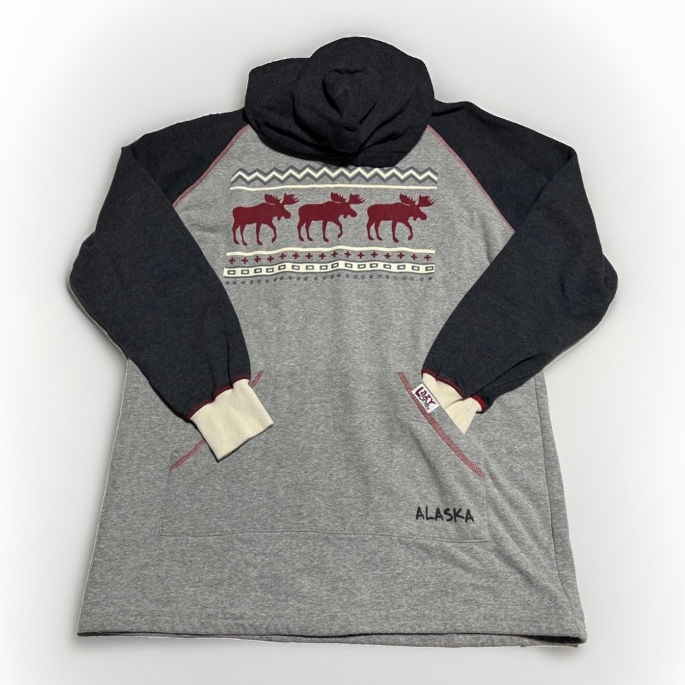 Lazy One "Alaska Wildlife" hoodie featuring a moose print and colorblock s